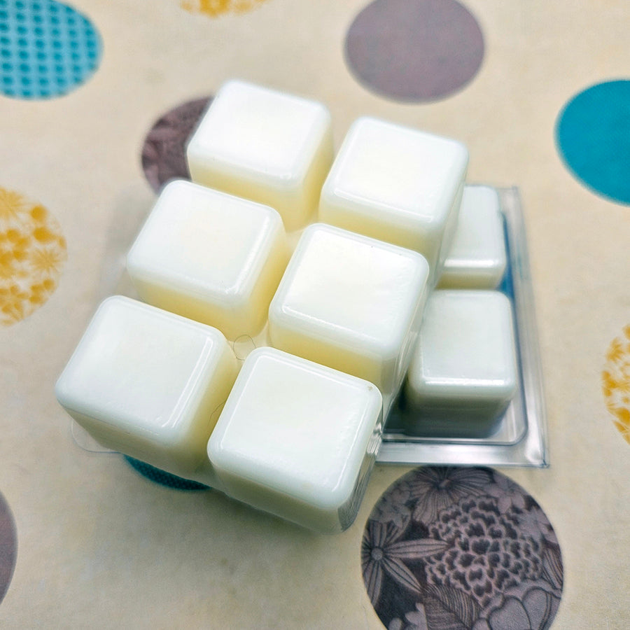 A set of wax melts in a clamshell on a light cream background with multicolored patterned circles. The pictured scent is Creamy Cinnamon Chai.