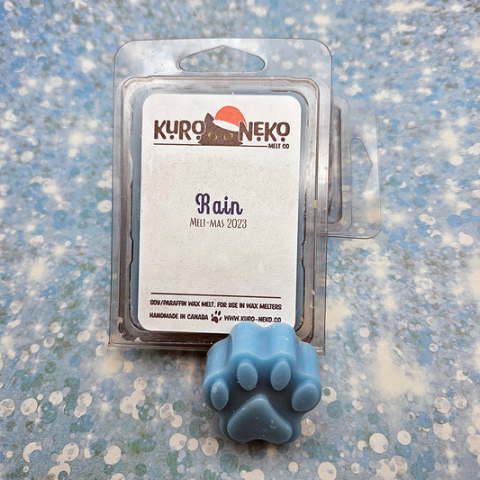 A set of wax melts in a clamshell on a light blue background with tiny drops. The pictured scent is Rain.