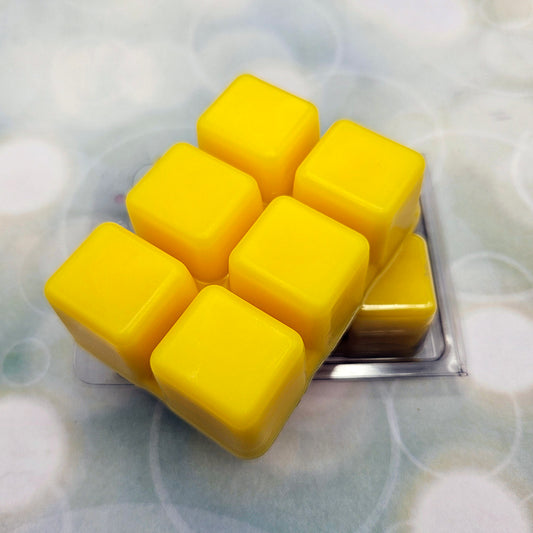 A set of wax melts in a clamshell on a light green background with circles. The pictured scent is Azure's Aqua Ablutes All: Imbibitor Lunae.