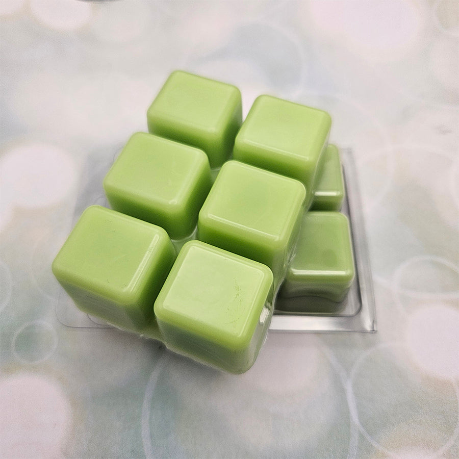 A set of wax melts in a clamshell on a light green background with circles. The pictured scent is Ethereal Dream: Dan Heng..