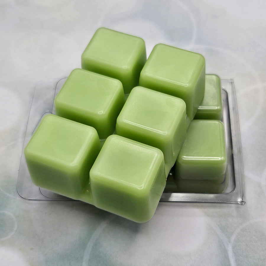 A set of wax melts out of a clamshell on a light green background with circles. The pictured scent is Terrasplit: Feixiao.