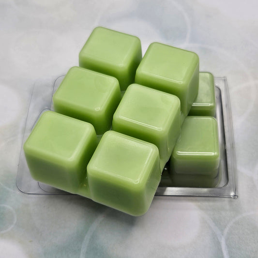 A set of wax melts in a clamshell on a light green background with circles. The pictured scent is Terrasplit: Feixiao.