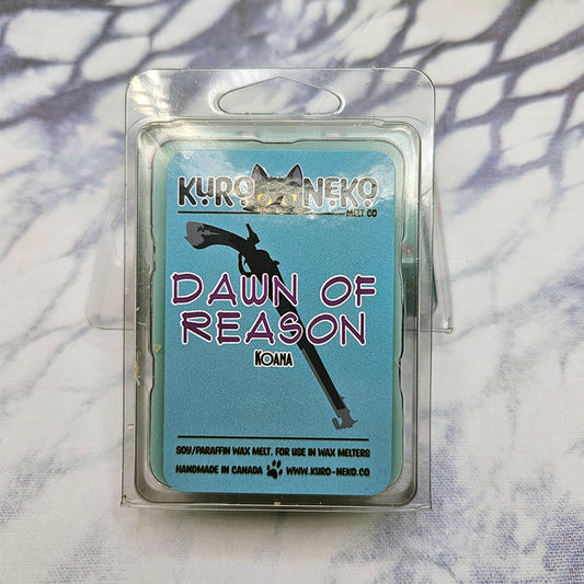 A set of wax melts in a clamshell on a dark blue and white tie dye background. The pictured scent is Dawn of Reason: Koana.