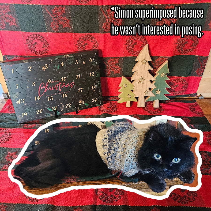 A small black cat with yellow-green eyes in a sweater, superimposed in a sticker like fashion in front of an advent calendar box and holiday backdrop. His name is Simon. (Simon is superimposed because he wasn't interested in posing.)