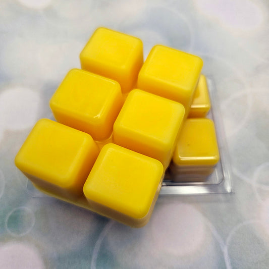 A set of wax melts in a clamshell on light green background with white circles. The pictured scent is Throne of Bones: Mydei.