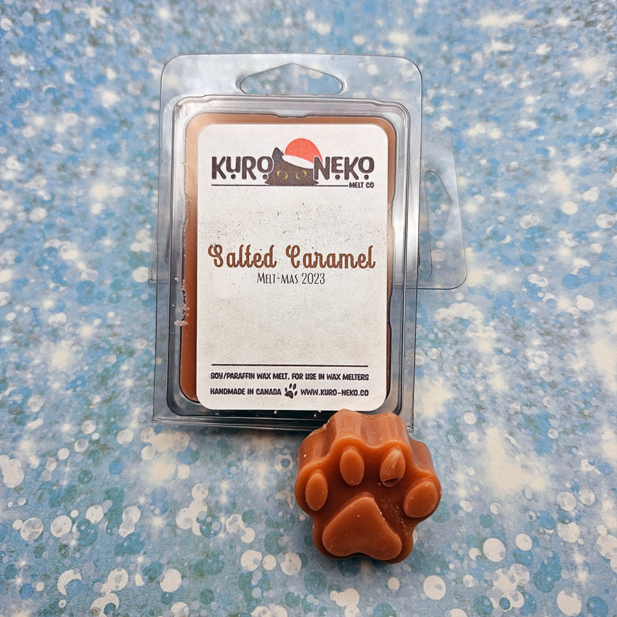 A set of wax melts in a clamshell on a blue speckled background with a paw shaped wax melt in front of it. The pictured scent is Salted Caramel.