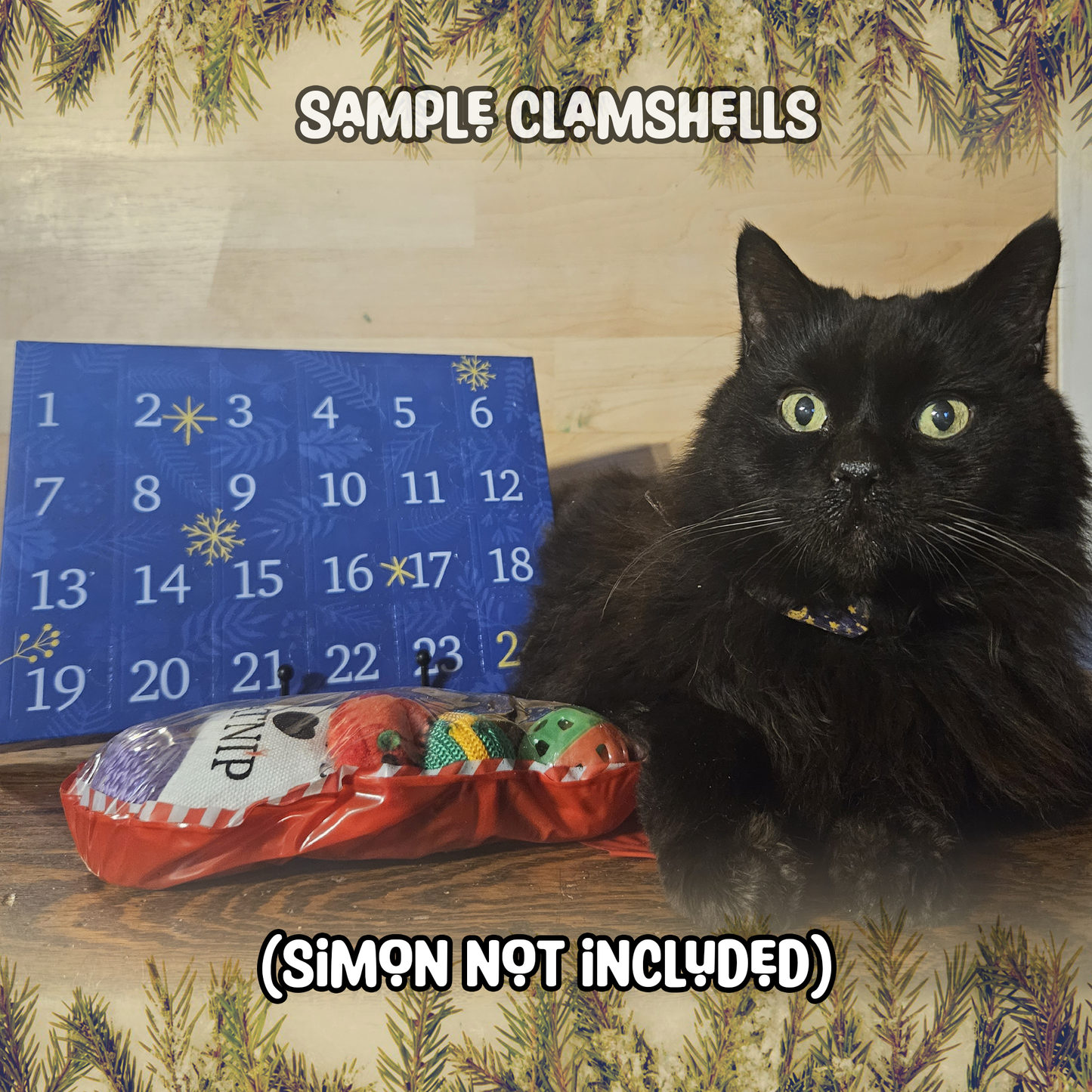 An image of a small black cat next to a blue advent calendar box with the text Sample Clamshells (Simon Not Included) on it.