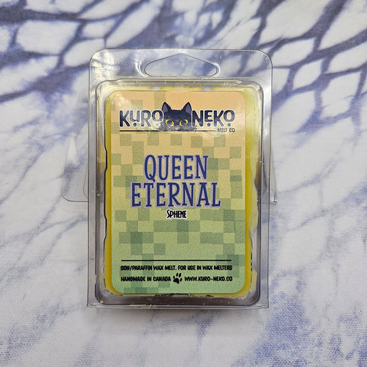 A set of wax melts in a clamshell on a dark blue and white tie dye background. The pictured scent is Queen Eternal: Sphene.