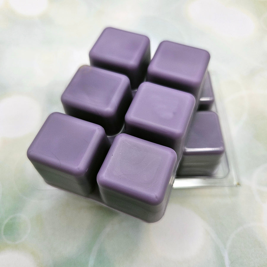 A set of wax melts out of a clamshell on light green background with white circles.  The pictured scent is Guess Who Lives Here: Tribbie.