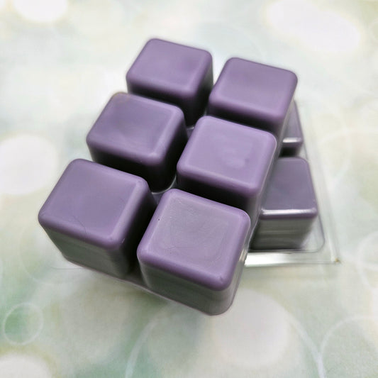 A set of wax melts in a clamshell on light green background with white circles.  The pictured scent is Guess Who Lives Here: Tribbie.
